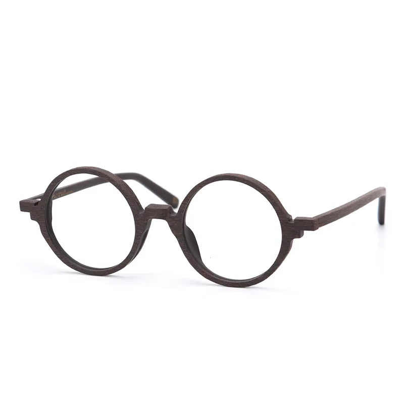 Hdcrafter Women's Full Rim Round Wood Titanium Alloy Eyeglasses 88341