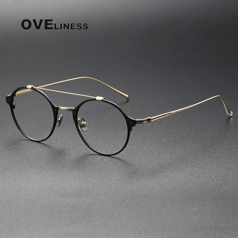 Oveliness Unisex Full Rim Round Double Bridge Titanium Eyeglasses O1130 Full Rim Oveliness black gold  