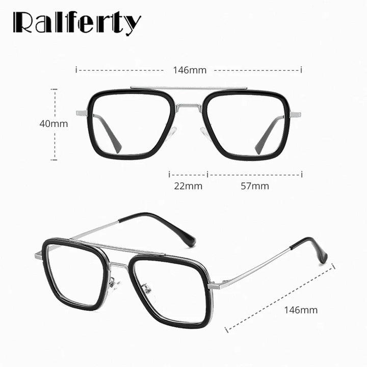 Ralferty Men's Full Rim Square Double Bridge Alloy Tr 90 Eyeglasses Clip On Sunglasses 517701