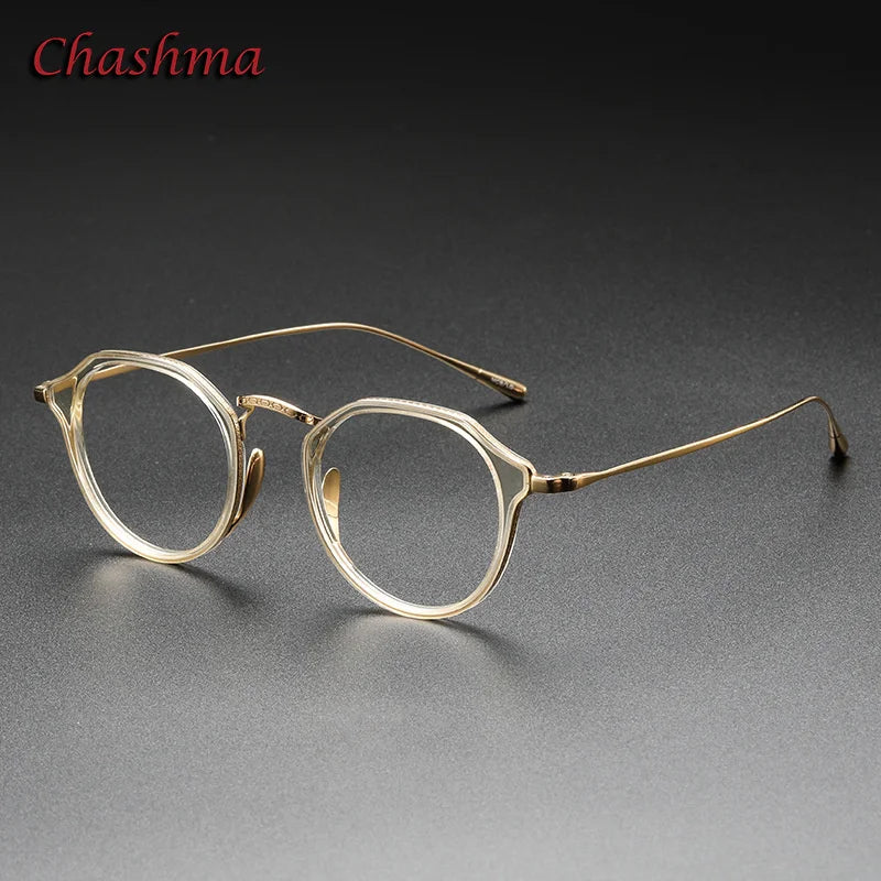 Chashma Ochki Unisex Full Rim Flat Top Round Acetate Titanium Eyeglasses 0113 Full Rim Chashma Ochki Transparent Gold  