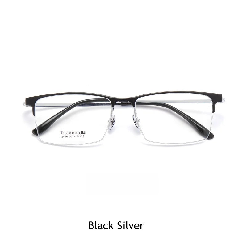 KatKani Men's Semi Rim Rectangular Titanium Eyeglasses 2246 Semi Rim KatKani Eyeglasses Black Silver  