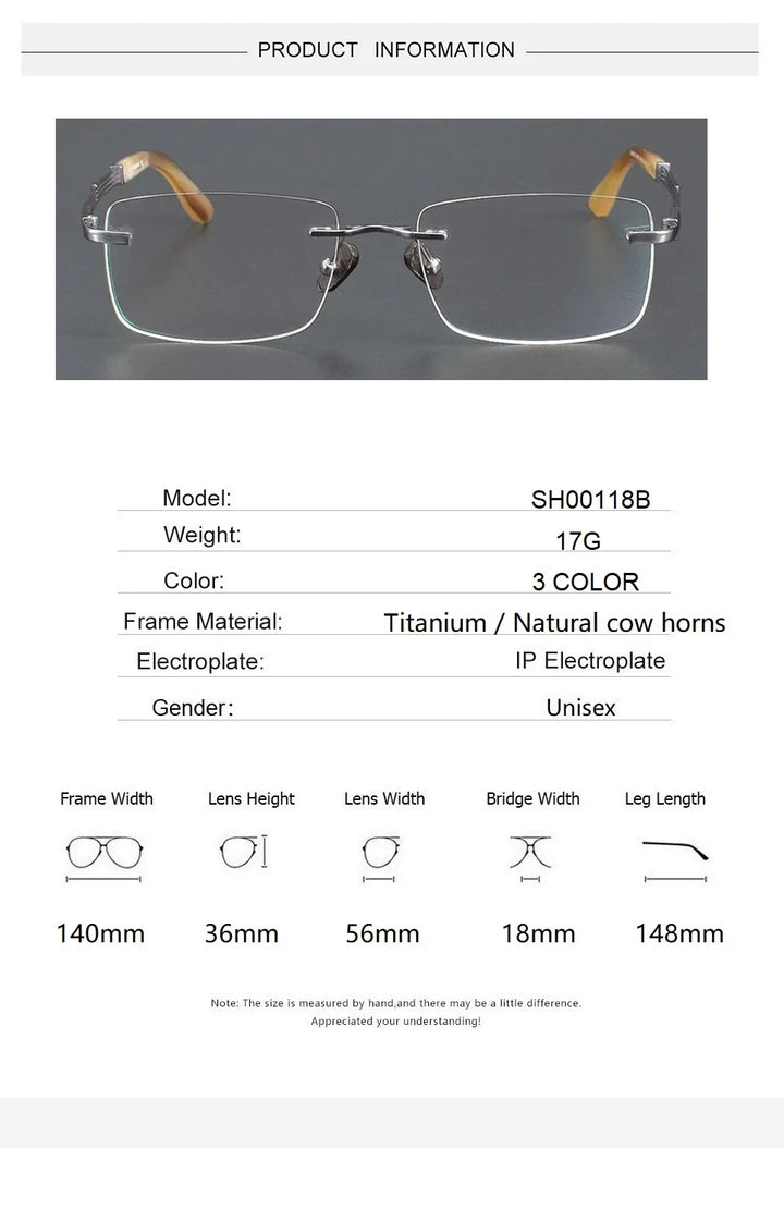 Eleccion Unisex Rimless Square Titanium Ox Horn Temple Eyeglasses 94118