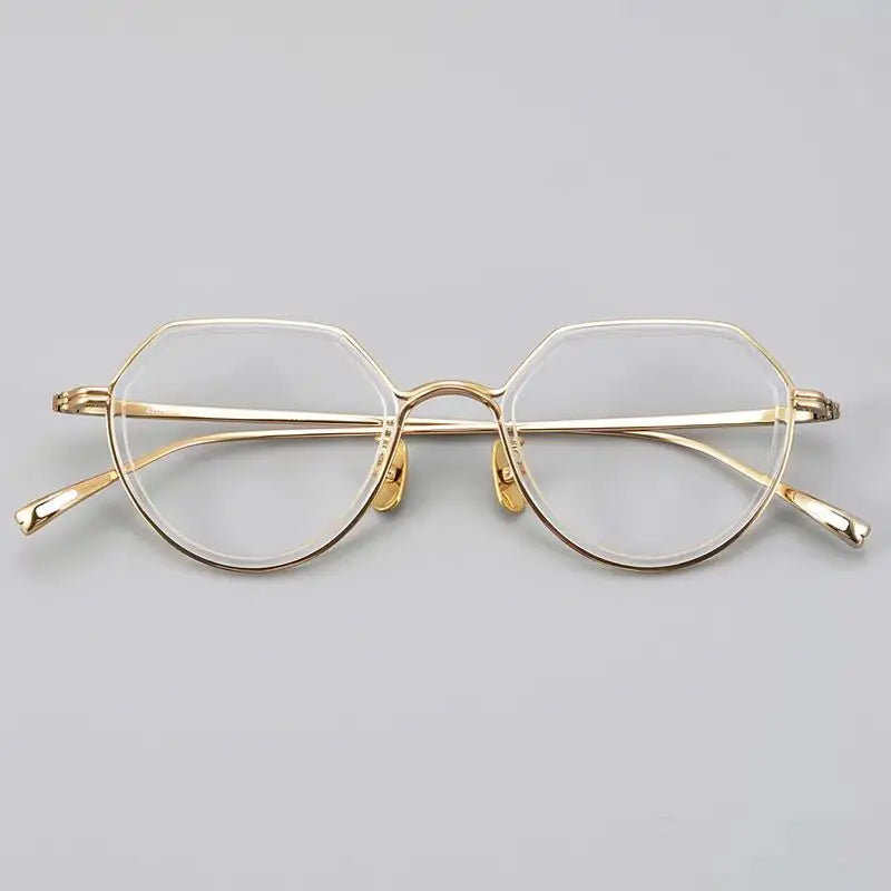 Hewei Unisex Full Rim Flat Top Round Acetate Alloy Eyeglasses 422420 Full Rim Hewei gold clear  