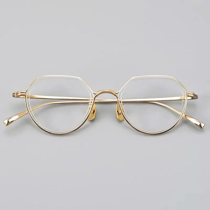 Hewei Unisex Full Rim Flat Top Round Acetate Alloy Eyeglasses 422420 Full Rim Hewei gold clear  