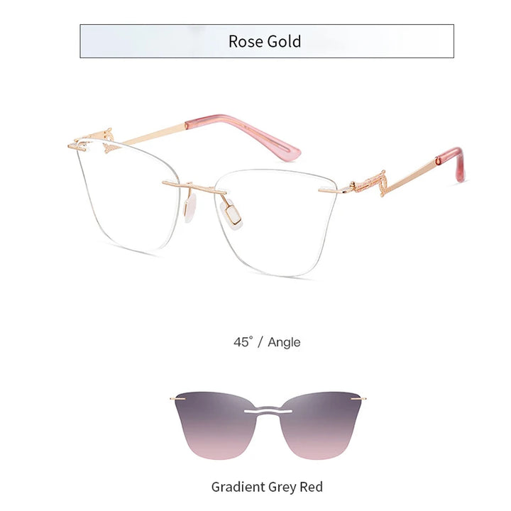 KatKani Unisex Rimless Cat Eye Alloy Eyeglasses Clip On Polarized Sunglasses 7203 Rimless KatKani Eyeglasses Rose Gold  