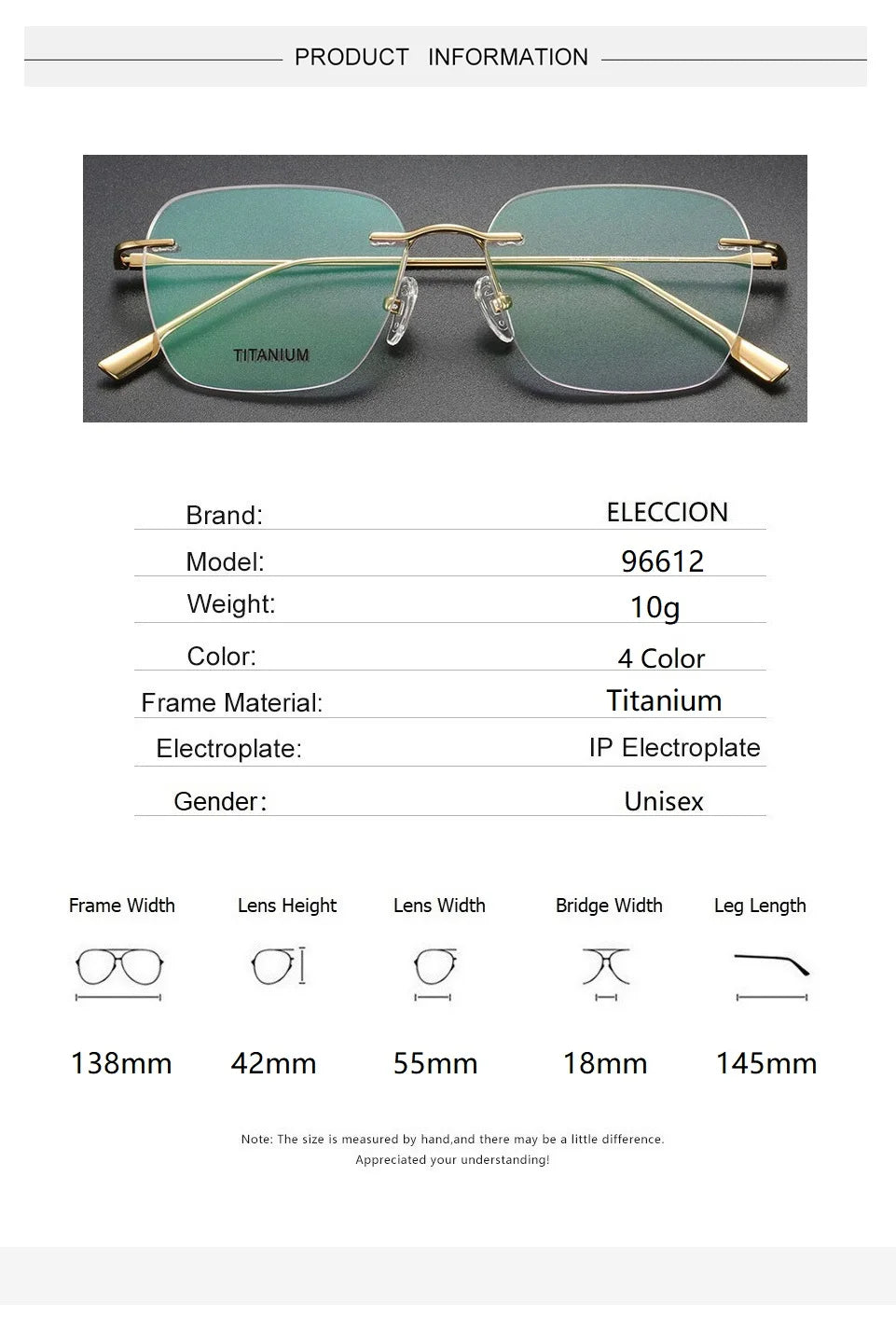 Eleccion Women's Rimless Flat Top Polygon Titanium Eyeglasses 96612