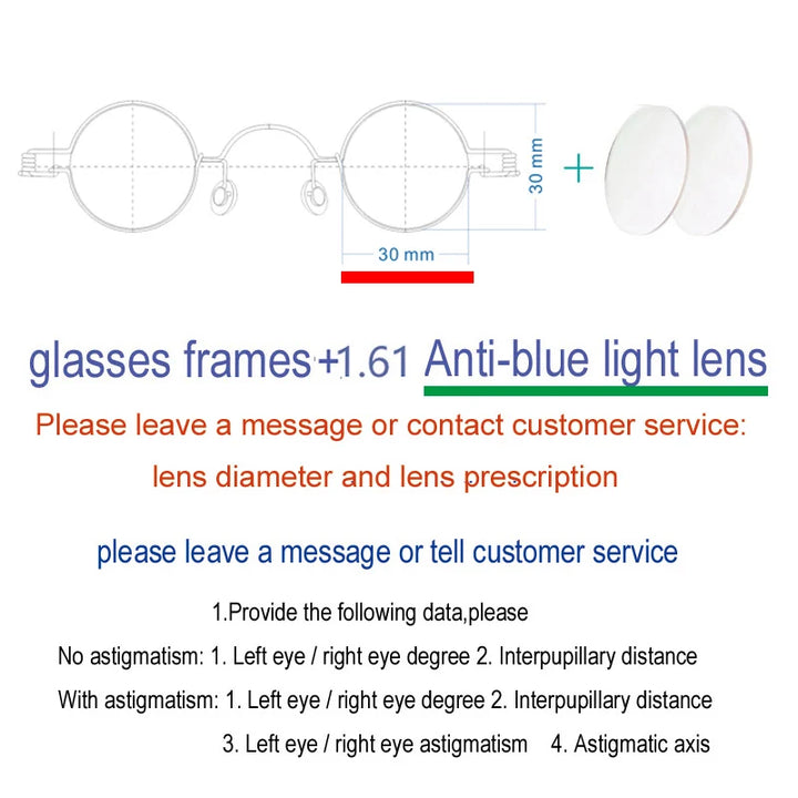 Yujo Unisex Full RIm Round Screwless Stainless Steel Eyeglasses 15030 Full Rim Yujo Anti blue light 30 CHINA