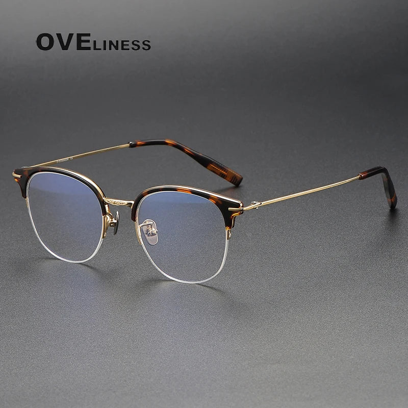 Oveliness Unisex Semi Rim Square Oval Acetate Titanium Eyeglasses 8098 Semi Rim Oveliness tortoise gold  