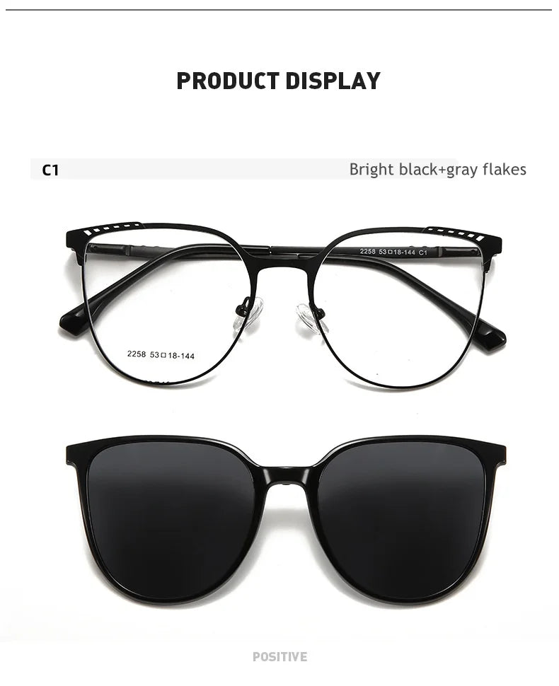 KatKani Womens Full Rim Cat Eye Alloy  Eyeglasses With Clip On Sunglasses 2258 Clip On Sunglasses KatKani Eyeglasses Bright black  
