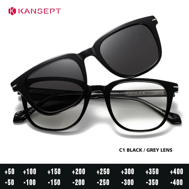 Kansept Unisex Full Rim Square Tr 90 Alloy Reading Glasses Clip On Sunglasses 34206