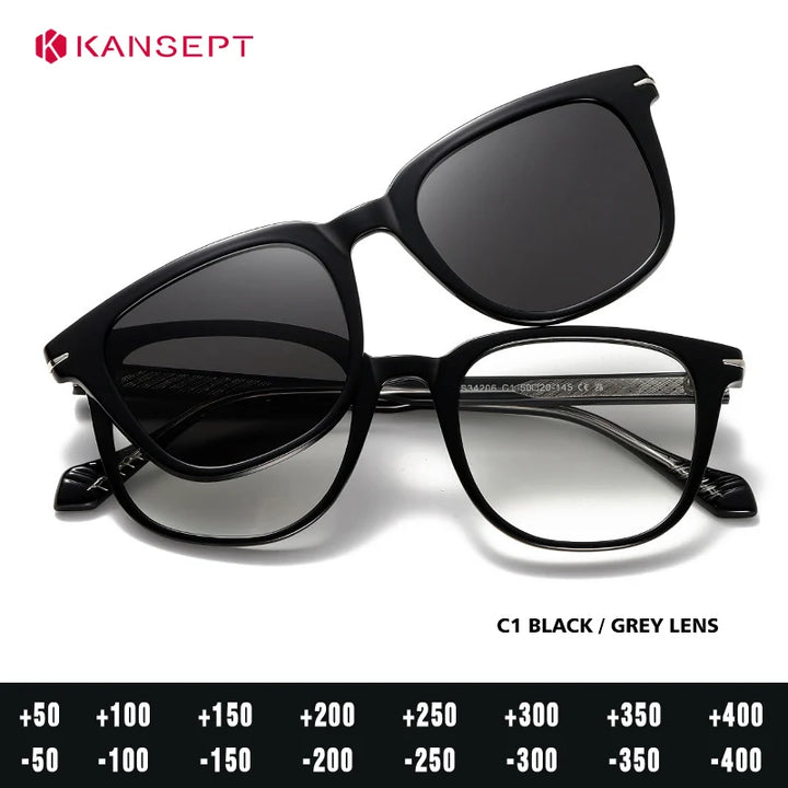 Kansept Unisex Full Rim Square Tr 90 Alloy Reading Glasses Clip On Sunglasses 34206