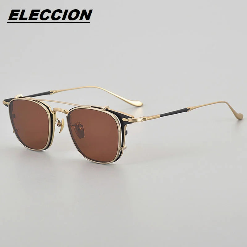 Eleccion Men's Full Rim Big Square Titanium Eyeglasses Clip On Sunglasses 93111