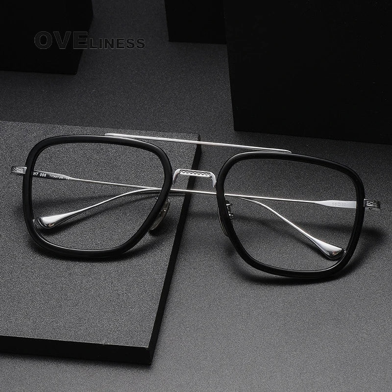 Oveliness Unisex Full Rim Square Double Bridge Acetate Titanium Eyeglasses I0006 Full Rim Oveliness   