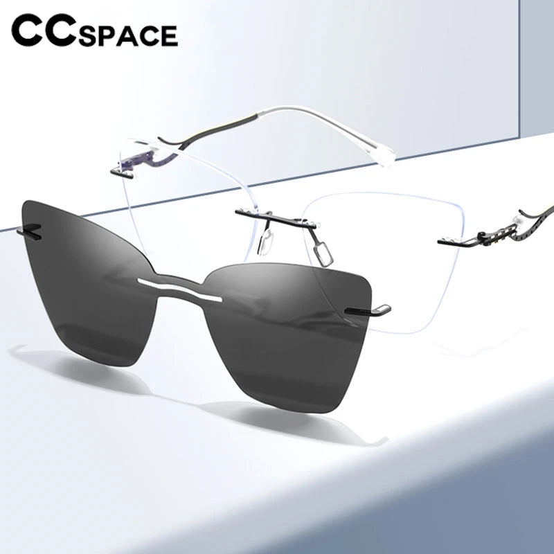 CCspace Women's Rimless Cat Eye Alloy Eyeglasses Clip On Sunglasses 302128 With Clip Ons CCspace   