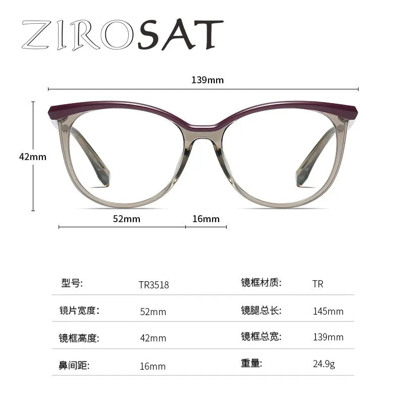 Zirosat Unisex Full Rim Oval Square Tr 90 Alloy Eyeglasses 3518 Full Rim Zirosat