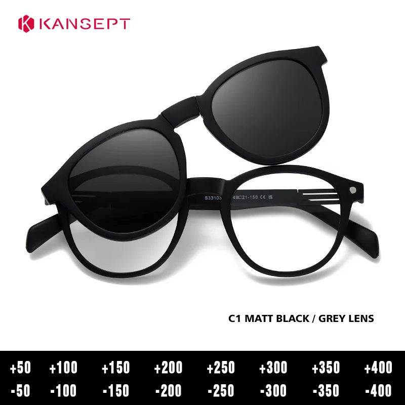Kansept Unisex Full Rim Round Tr 90 Titanium Reading Glasses Clip On Sunglasses 33103