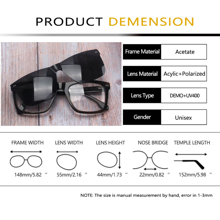 Esnbie Men's Full Rim Square Acetate Eyeglasses Clip On Sunglasses 423291