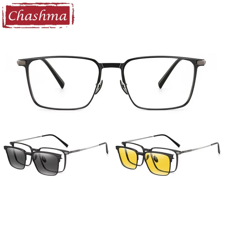 Chashma Ochki Men's Full Rim Square Titanium Eyeglasses Clip On Sunglasses 888002