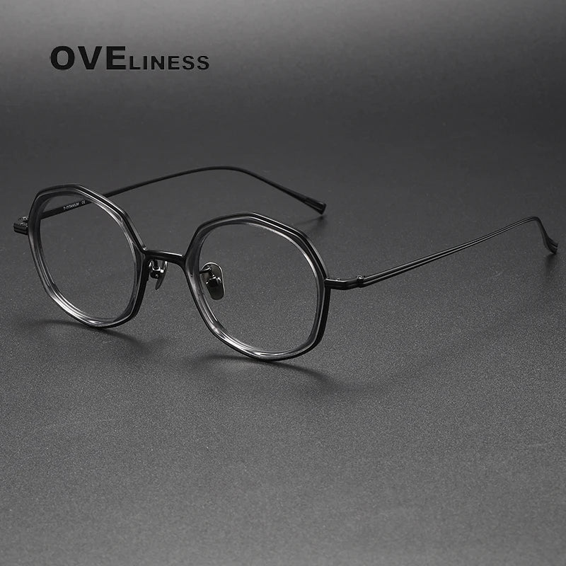 Oveliness Unisex Full Rim Polygon Acetate Titanium Eyeglasses U135 Full Rim Oveliness grey black  