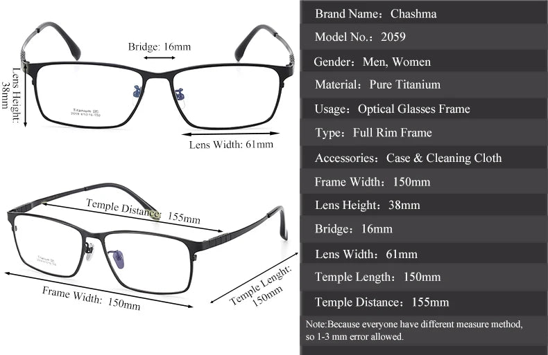 Chashma Ottica Men's Full Rim Big Square Titanium Eyeglasses 20597