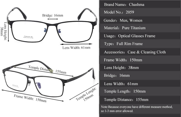 Chashma Ottica Men's Full Rim Big Square Titanium Eyeglasses 20597