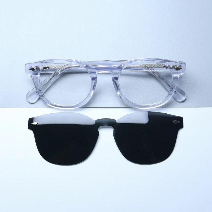Gatenac Unisex Full Rim Round Acetate Eyeglasses Polarized Clip On Sunglasses 1145  FuzWeb  Transparent Gray  