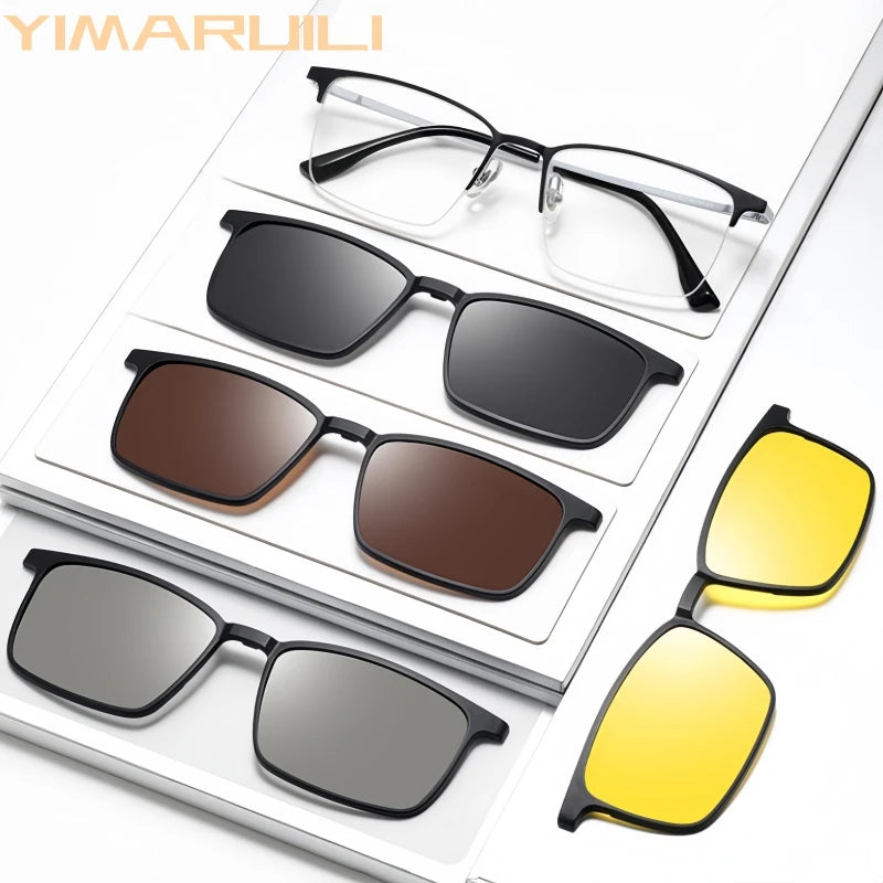 Yimaruili Men's Full Rim Square Titanium Eyeglasses Clip On Sunglasses 80084