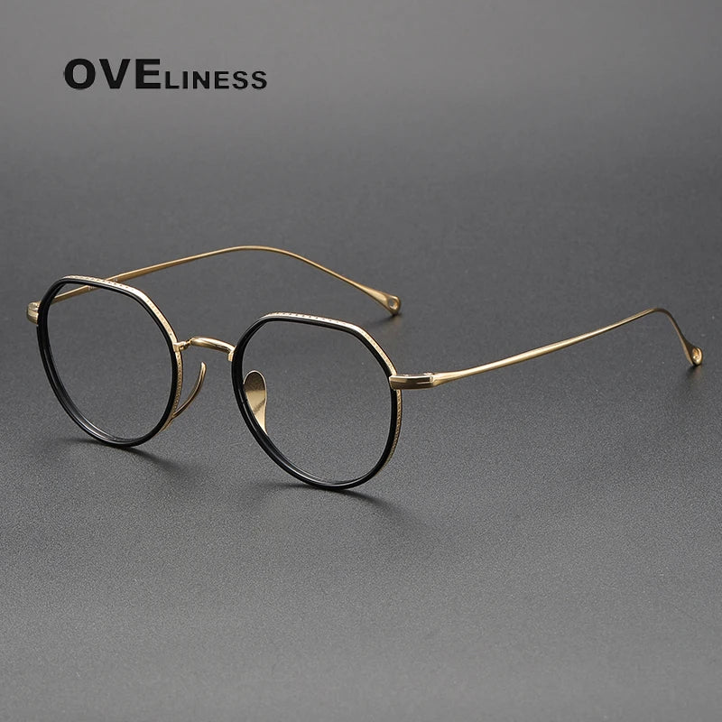 Oveliness Unisex Full Rim Flat Top Round Titanium Acetate Eyeglasses O7310 Full Rim Oveliness black gold  