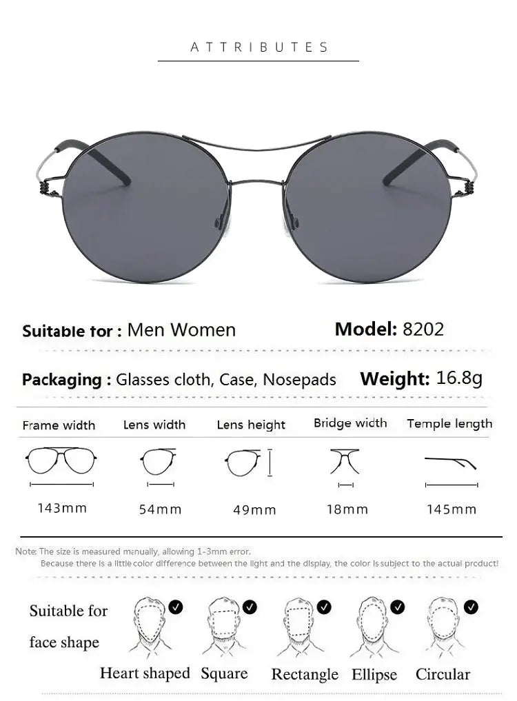 Aimee 820200 Unisex Double Bridge Full Rim Titanium Round Sunglasses FuzWeb