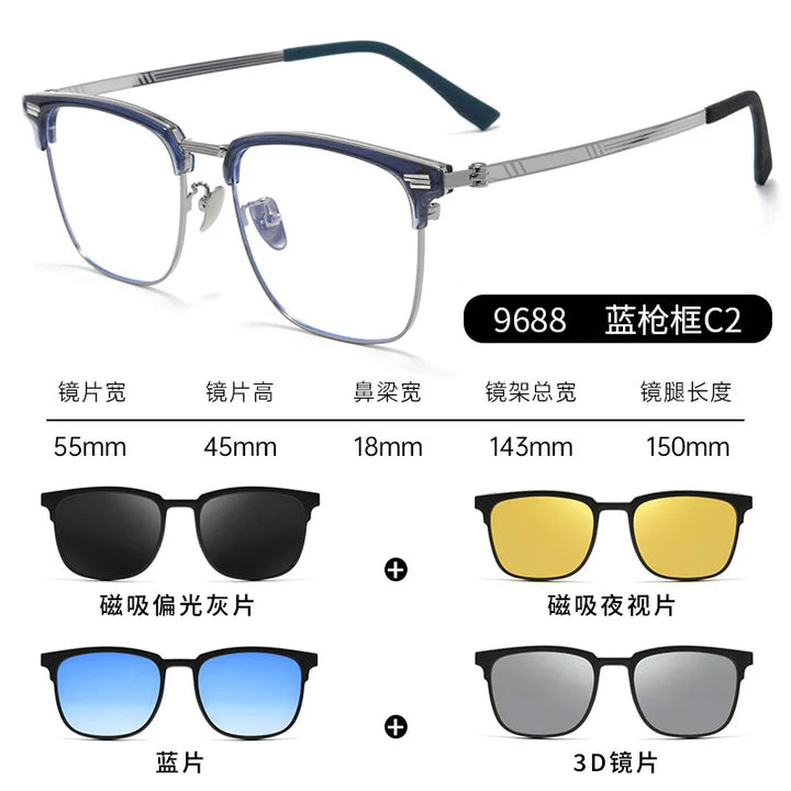 Reven Jate Unisex Full Rim Square Titanium Tr 90 Eyeglasses Clip On Sunglasses 96889