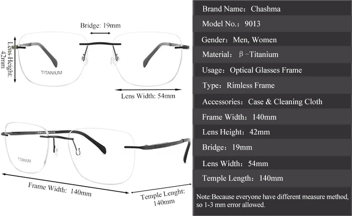 Chashma Unisex Rimless Flat top Polygon Square Titanium Eyeglasses 969013
