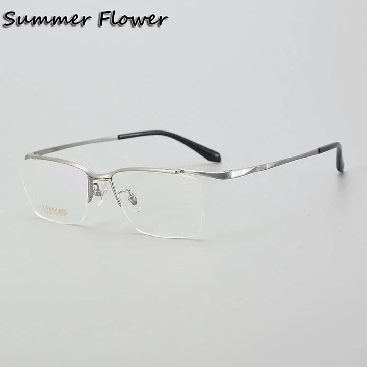 Summer Flower Unisex Semi Rim Square Brow Line Titanium Eyeglasses 86101 Semi Rim Summer Flower Silver