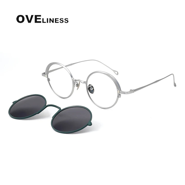 Oveliness Unisex Full Rim Round Titanium Eyeglasses Clip On Sunglasses 42618 With Clip Ons Oveliness silver green grey