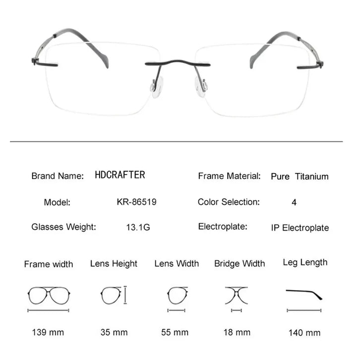 Hdcrafter Men's Rimless Square Screwless Titanium Eyeglasses 86529 Rimless Hdcrafter Eyeglasses   