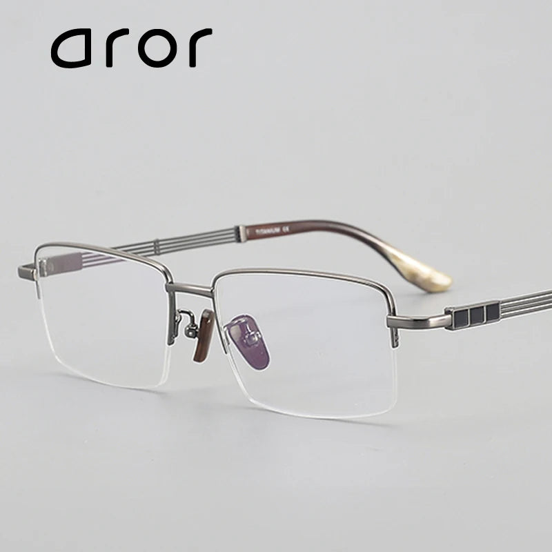 Aror Unisex Semi Rim Square Titanium Horn Temple Eyeglasses 494115 Semi Rim Aror