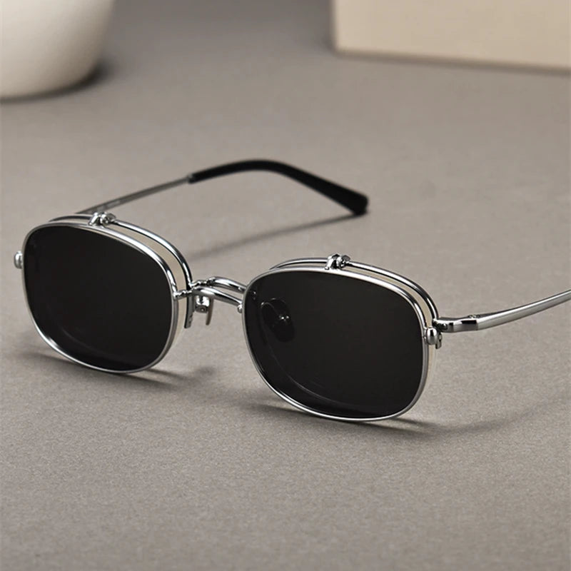 Black Mask Unisex Semi Rim Rectangle Titanium Eyeglasses Clip On Sunglasses K15 Sunglasses Black Mask Silver  