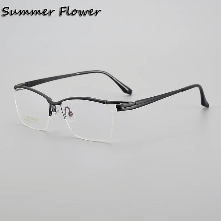 Summer Flower Unisex Semi Rim Square Titanium Brow Line Eyeglasses 86205 Semi Rim Summer Flower Black