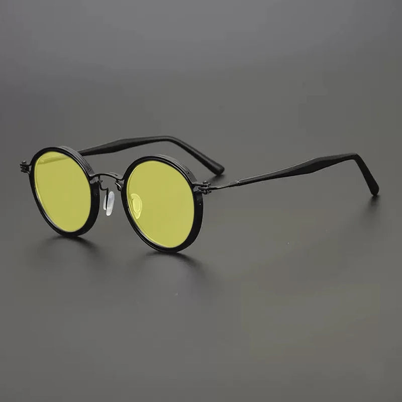 Gatenac Unisex Full Rim Round Polarized Acetate Titanium Sunglasses Mo10  FuzWeb  Black Yellow  