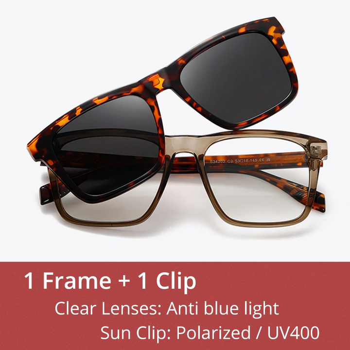 Ralferty Unisex Full Rim Square Tr 90 Alloy Eyeglasses Clip On Sunglasses 334202