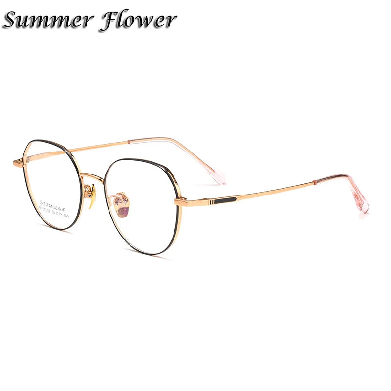 Summer Flower Women's Full Rim Flat Top Oval Titanium Eyeglasses 87007 Full Rim Summer Flower Black-Rose Gold