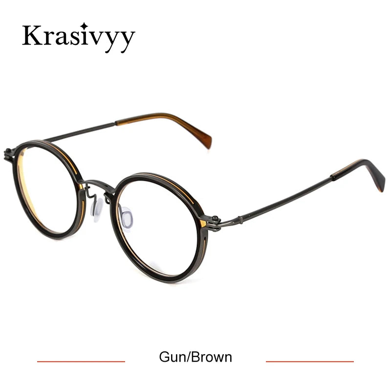 Krasivyy Unisex Full Rim Round Titanium Acetate Eyeglasses 5860 Full Rim Krasivyy Gun Brown  