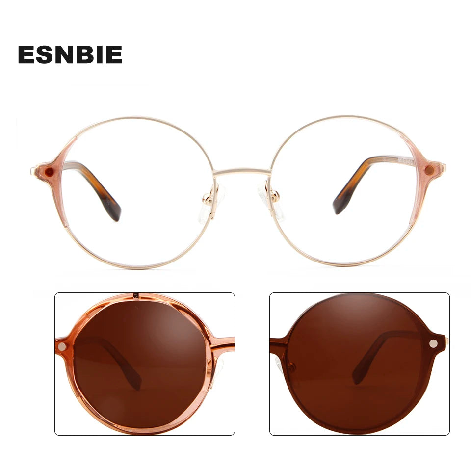 Esnbie Women's Full Rim Roun Alloy Eyeglasses Clip On Sunglasses 69957 With Clip Ons Esnbie   