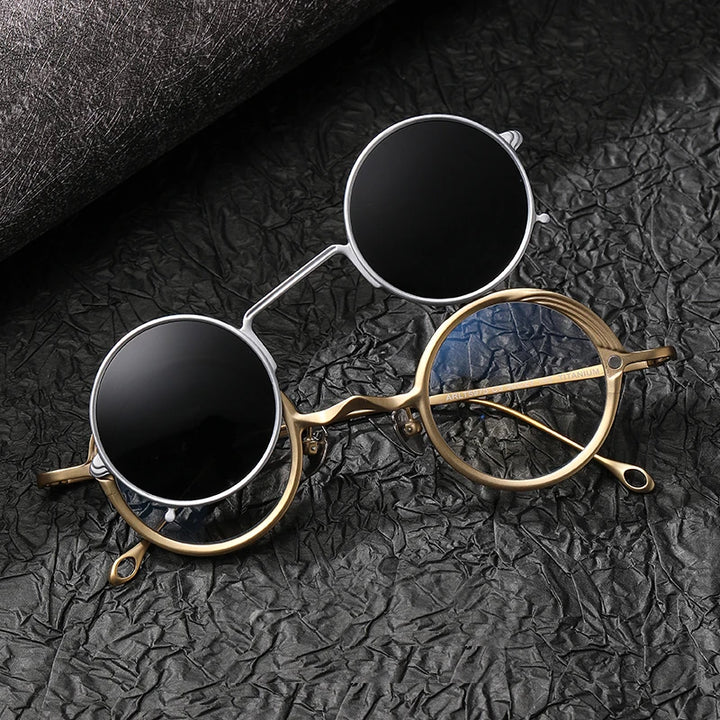 Black Mask Unisex Full Rim Round Titanium Eyeglasses Clip On Sunglasses 45975 With Clip Ons Black Mask Gold-Silver Clip