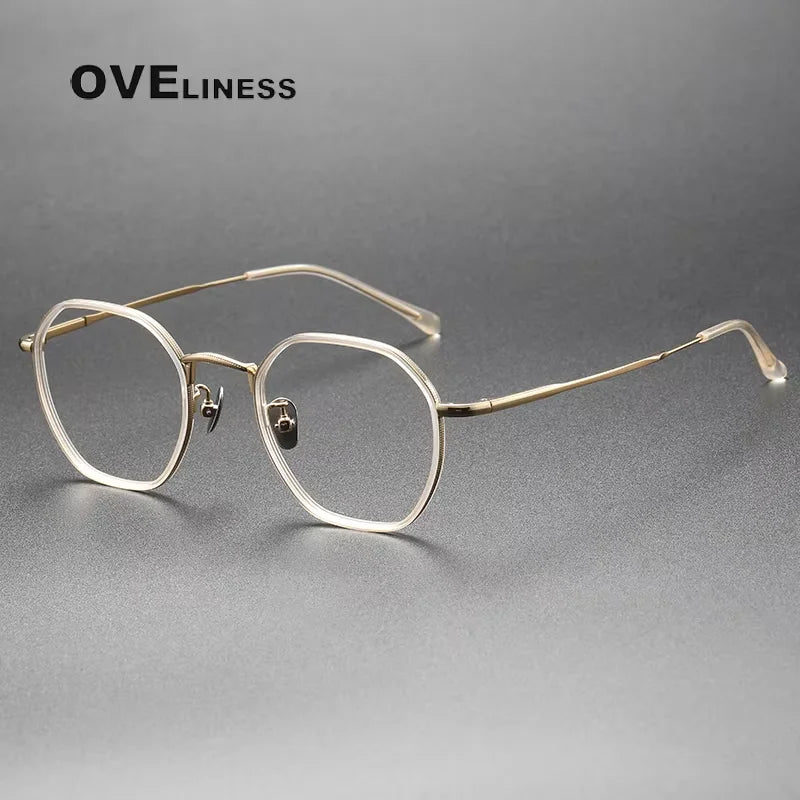 Oveliness Unisex Full Rim Polygon Acetate Titanium Eyeglasses 8502 Full Rim Oveliness champagne gold  