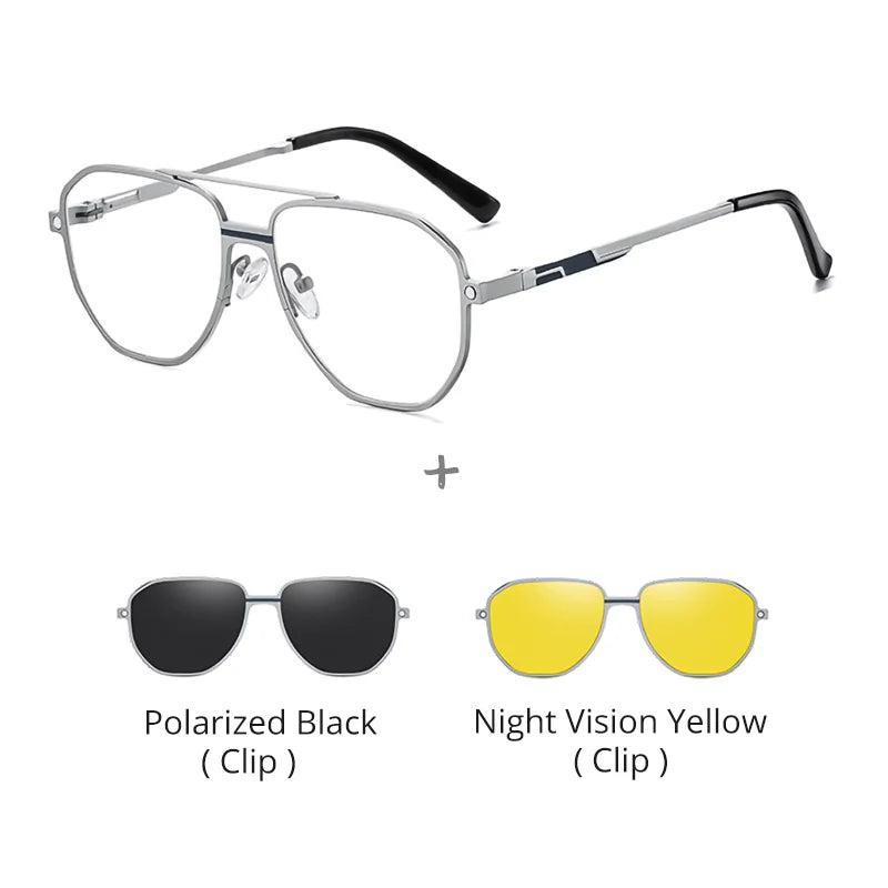 Ralferty Unisex Full Rim Square Double Bridge Al Mg Eyeglasses Clip On Sunglasses 397037