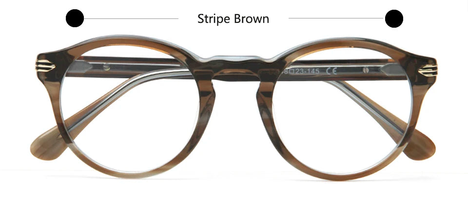 Esnbie Unisex Full Rim Round Acetate Alloy Eyeglasses 241727 Full Rim Esnbie Stripe Brown  