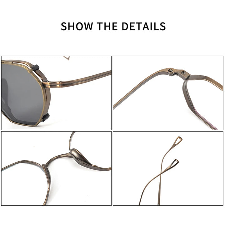 Black Mask Women's Full Rim Polygon Titanium Eyeglasses Clip On Sunglasses 634152