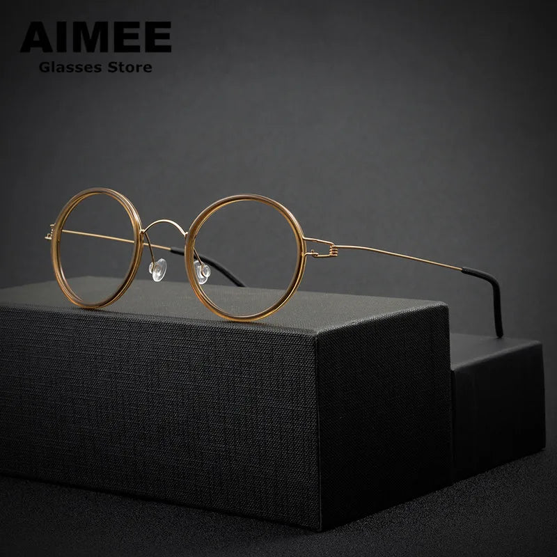 Aimee Unisex Full Rim Round Screwless Titanium Acetate Eyeglasses 13822 Full Rim Aimee Brown golden  