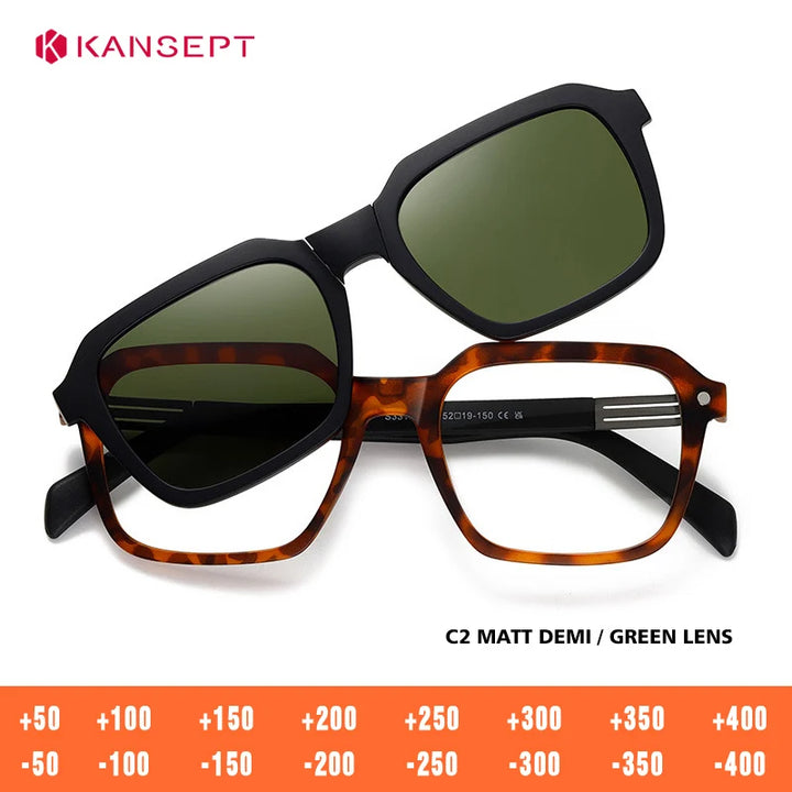 Kansept Unisex Full Rim Square Tr 90 Titanium Reading Glasses Clip On Sunglasses 33106