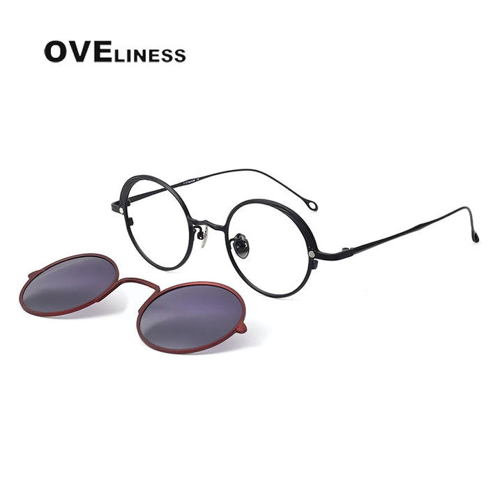 Oveliness Unisex Full Rim Round Titanium Eyeglasses Clip On Sunglasses 42618 With Clip Ons Oveliness black win red grey